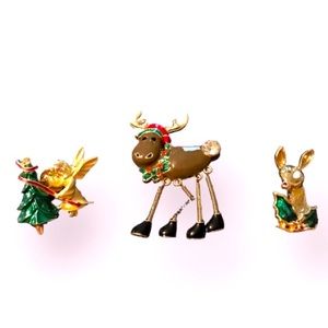 Bundle of 3 Vintage Holiday Brooches / Pins /  Gold Tone - 1 marked Gigio Giusti